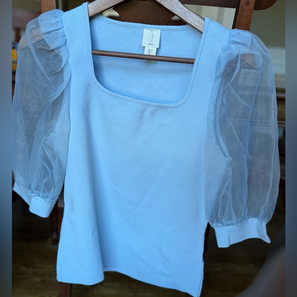 Joie Sheer Sleeve Light Blue Top Sz L - Picture 4 of 7